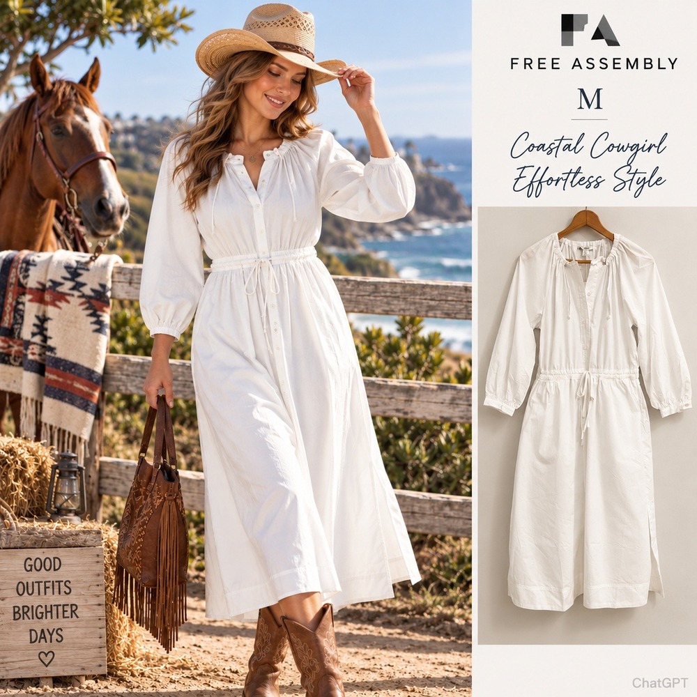 NEW Free Assembly Maxi Dress Womens M White Cottage Coastal Cowgirl Prairie Boho
